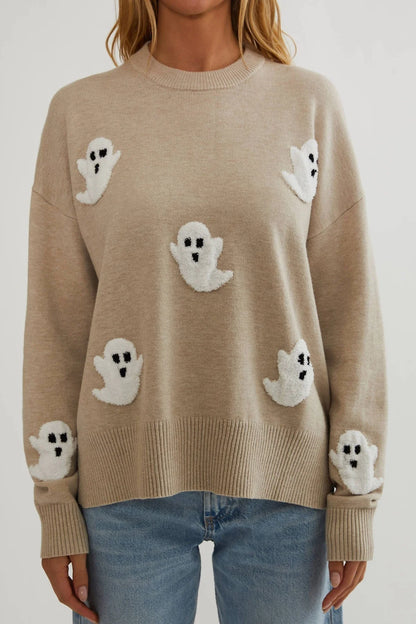 Knit Sweater Textured Ghost Appliqués Lightweight Relaxed Fit