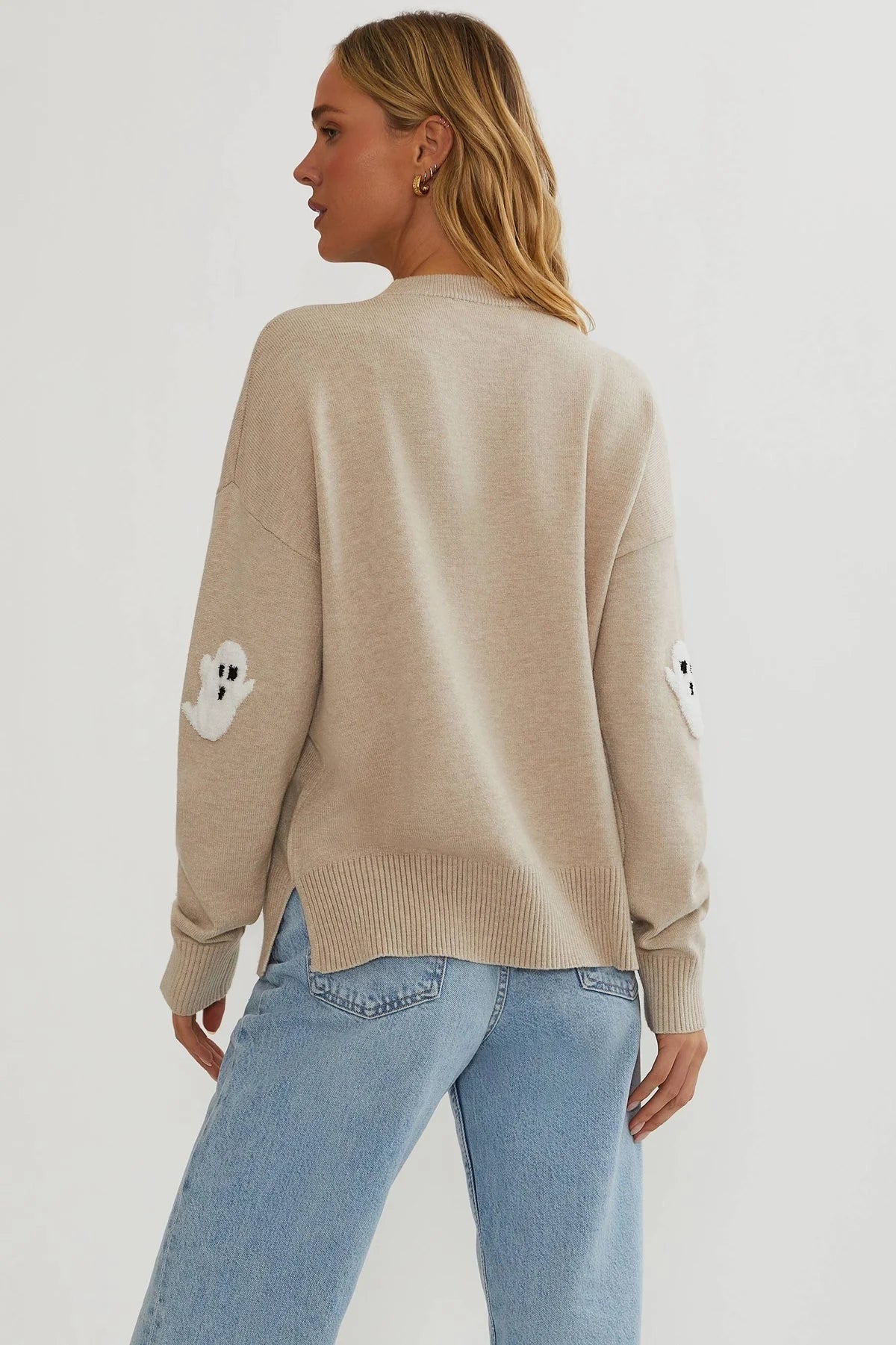 Knit Sweater Textured Ghost Appliqués Lightweight Relaxed Fit