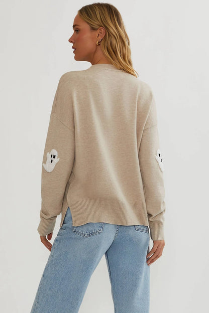 Knit Sweater Textured Ghost Appliqués Lightweight Relaxed Fit