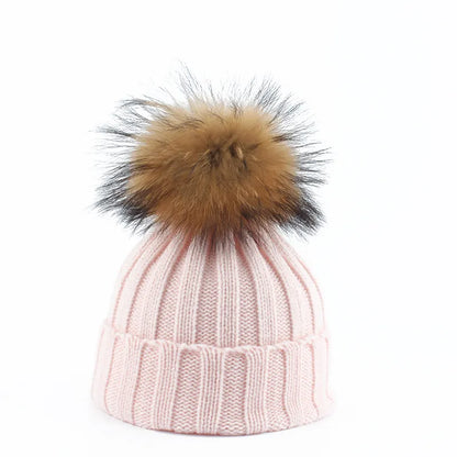 Knit Winter Hat Cotton Blend Oversized Faux Fur Pompom