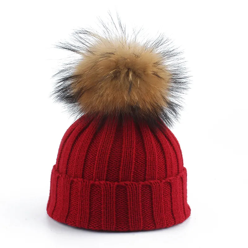 Knit Winter Hat Cotton Blend Oversized Faux Fur Pompom