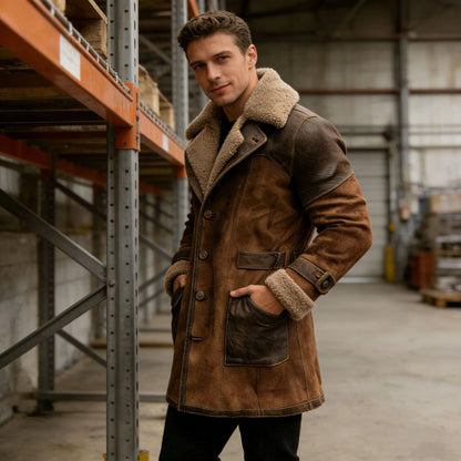 Long Coat Suede-Look Exterior Sherpa Lined Leather Accents
