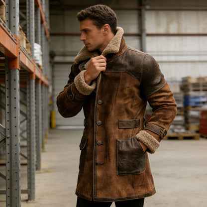 Long Coat Suede-Look Exterior Sherpa Lined Leather Accents