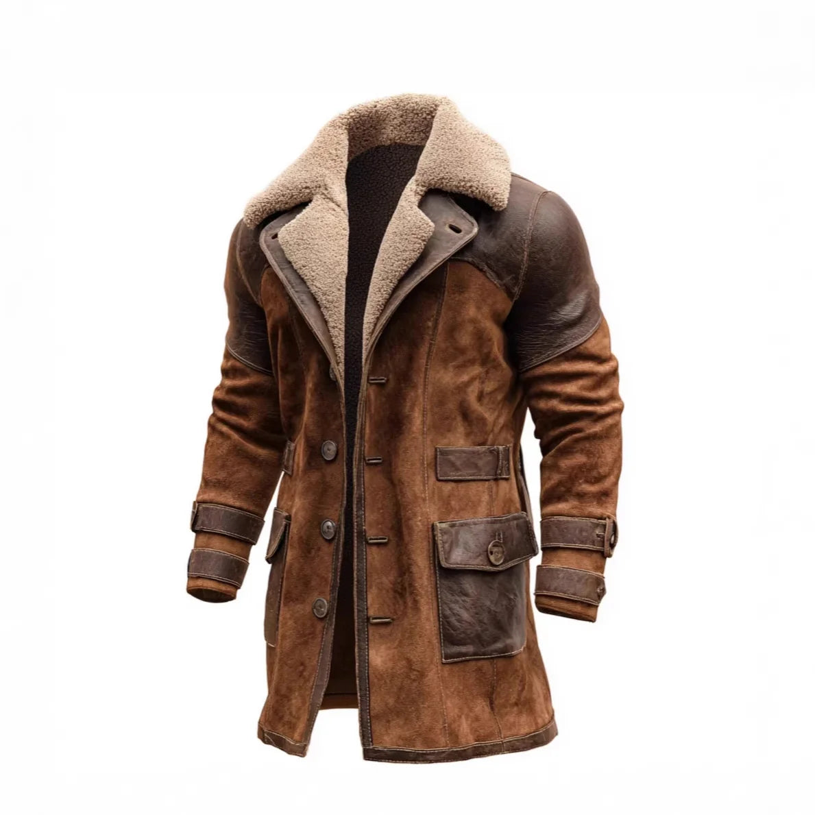 Long Coat Suede-Look Exterior Sherpa Lined Leather Accents