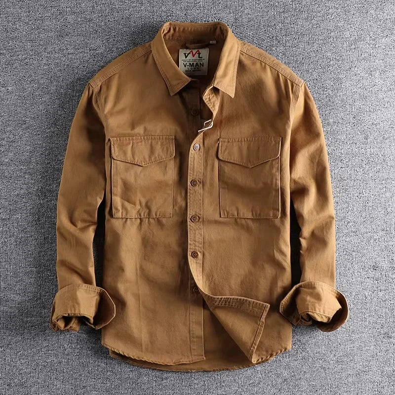 Long-Sleeve Work Shirt Cotton Twill Dual Chest Pockets Relaxed Fit