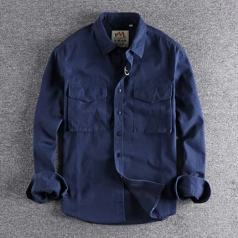 Long-Sleeve Work Shirt Cotton Twill Dual Chest Pockets Relaxed Fit