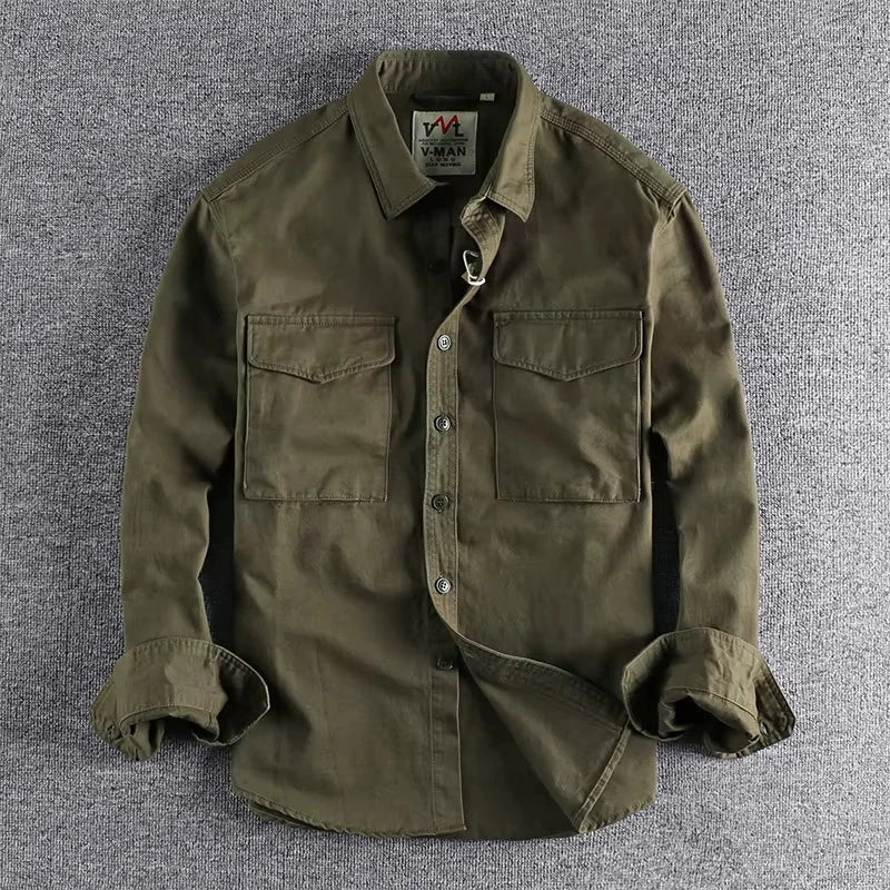 Long-Sleeve Work Shirt Cotton Twill Dual Chest Pockets Relaxed Fit