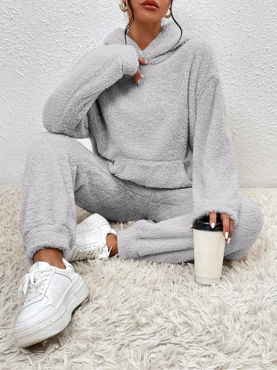 Loungewear Set Teddy Fleece Hoodie & Pants Relaxed Fit
