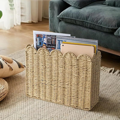 Magazine Organizer Handcrafted Woven Paper Rope Scalloped Edges