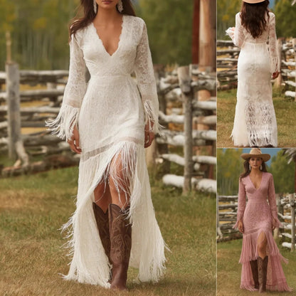 Maxi Dress Lace V-Neck Three-Quarter Fringe Sleeves