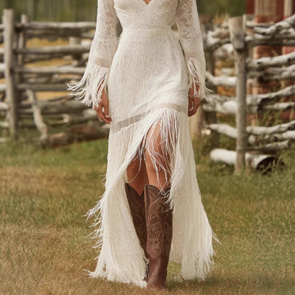 Maxi Dress Lace V-Neck Three-Quarter Fringe Sleeves