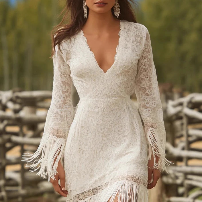 Maxi Dress Lace V-Neck Three-Quarter Fringe Sleeves