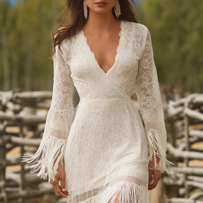Maxi Dress Lace V-Neck Three-Quarter Fringe Sleeves