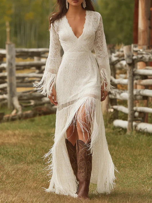 Maxi Dress Lace V-Neck Three-Quarter Fringe Sleeves