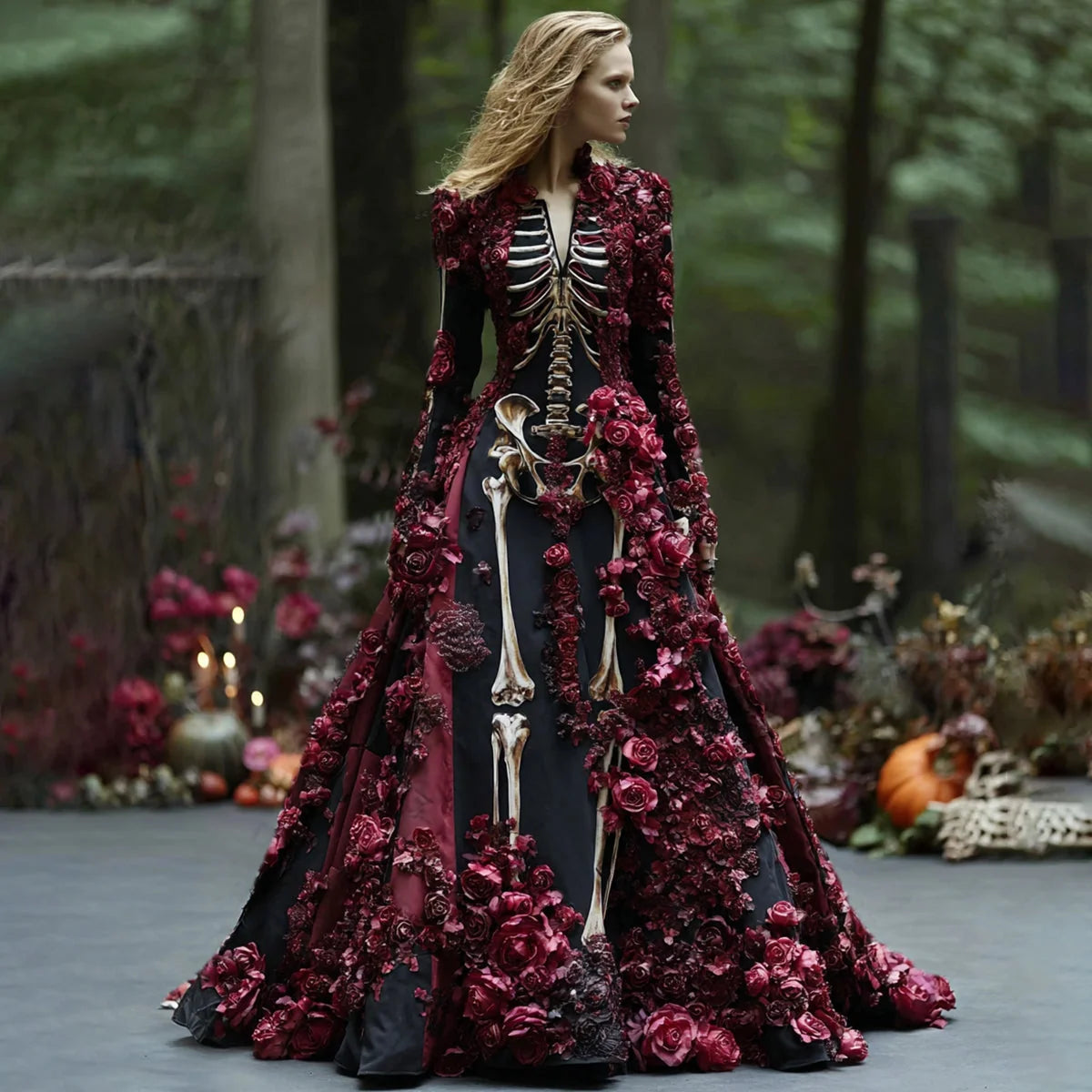 Maxi Dress Skeleton Floral Print Long Sleeve
