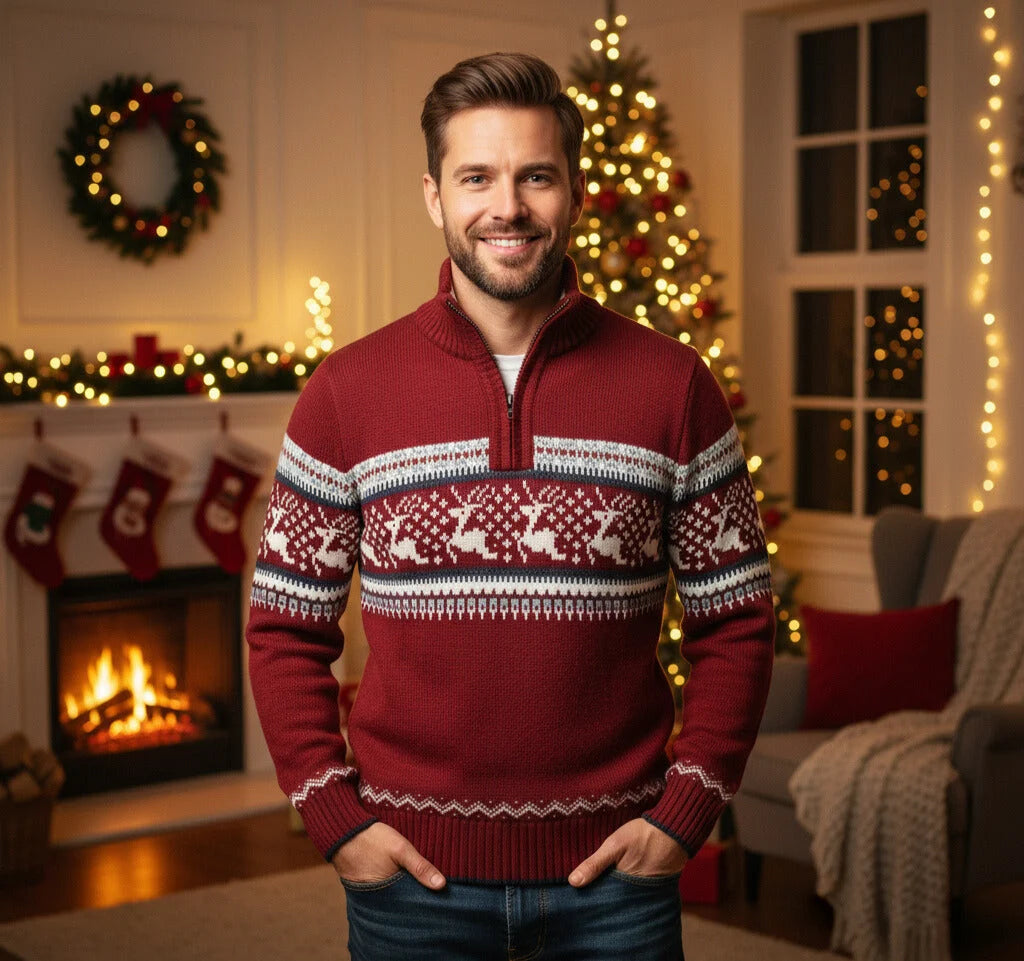 Men's Sweater Scandinavian Reindeer Half-Zip Warm Knit