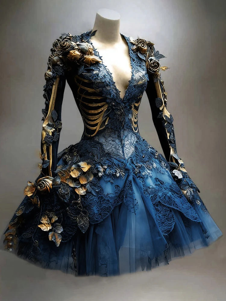 Mini Dress Skeleton & Floral Appliqués Long Sleeve