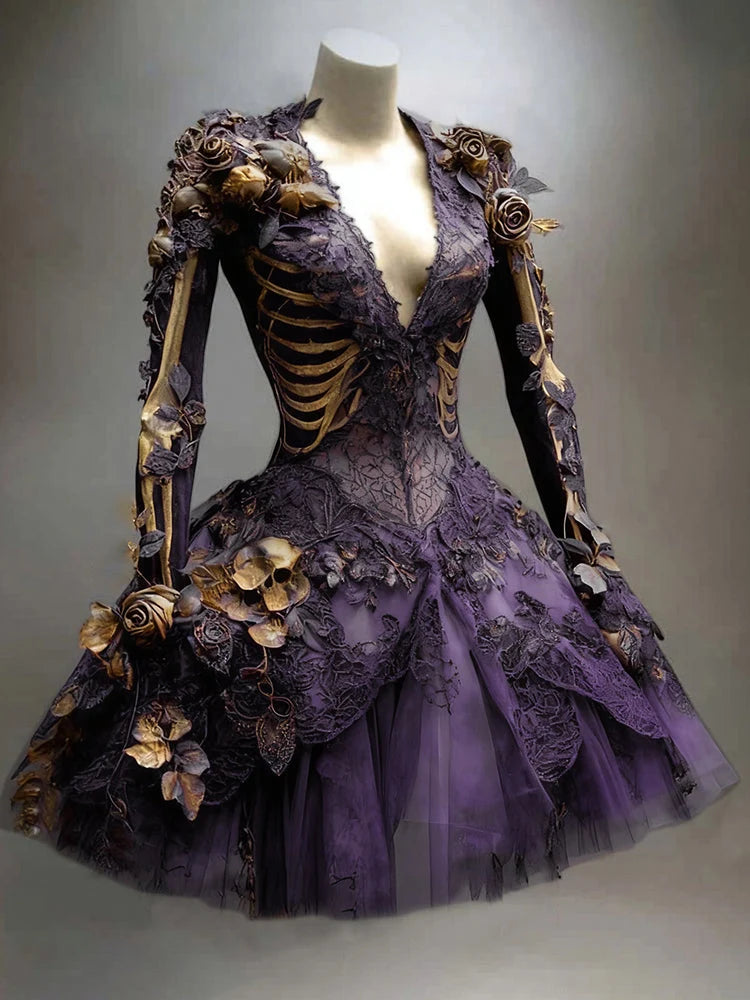 Mini Dress Skeleton & Floral Appliqués Long Sleeve