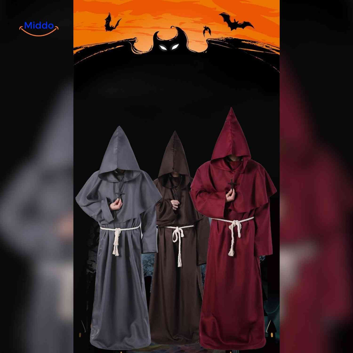 Monk Robe Costume Hooded Cotton Blend With Rope Belt