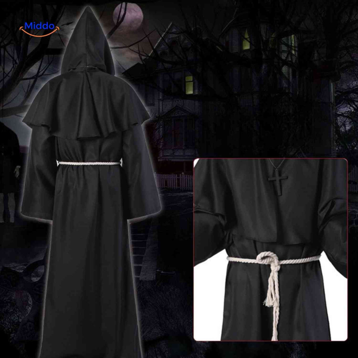 Monk Robe Costume Hooded Cotton Blend With Rope Belt