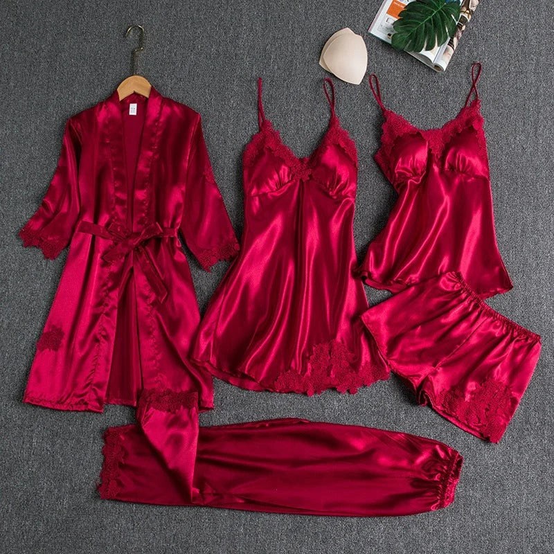 Pajama Set 5-Piece Silky Soft Kimono & Slip