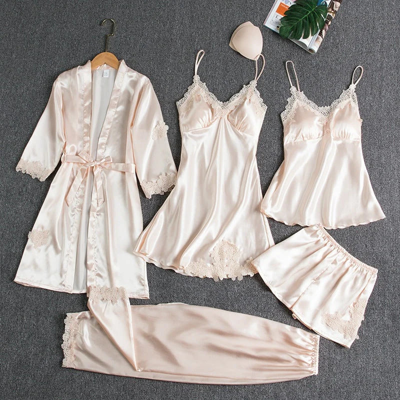 Pajama Set 5-Piece Silky Soft Kimono & Slip