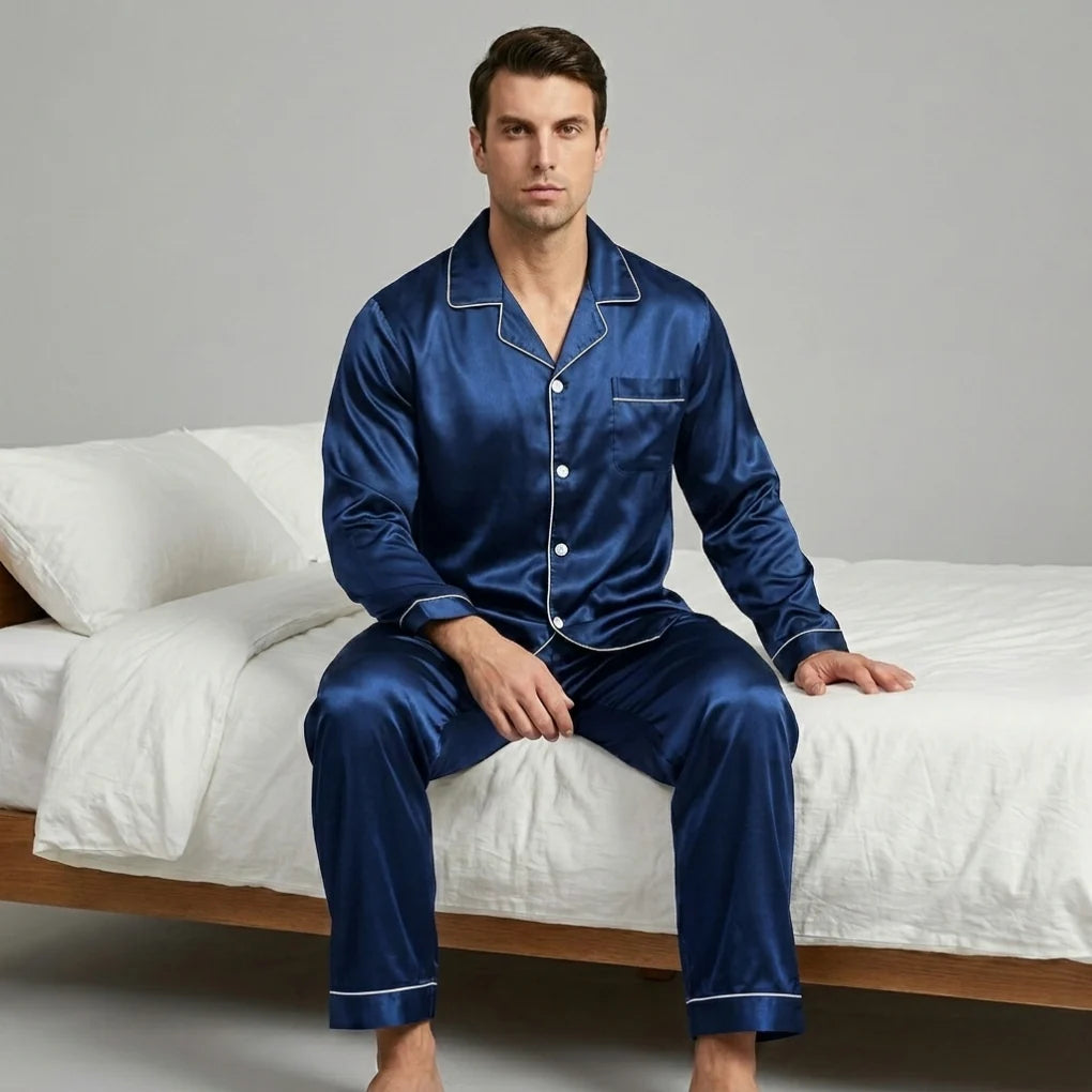 Pajama Set Satin Silk Button-Up Drawstring Waist