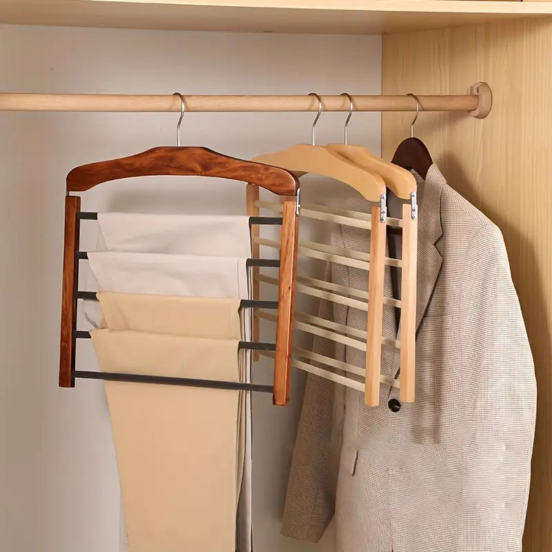 Pants Hanger Space-Saving Natural Wood 5 Bars