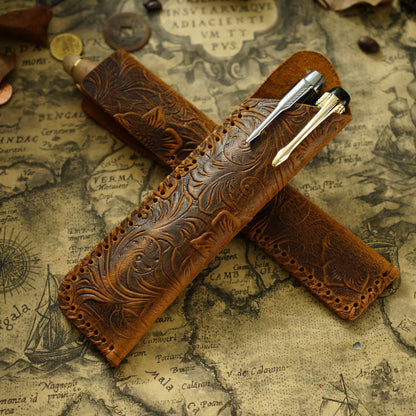 Pen Case Handmade Leather Floral Embossed Multi-Pen Storage