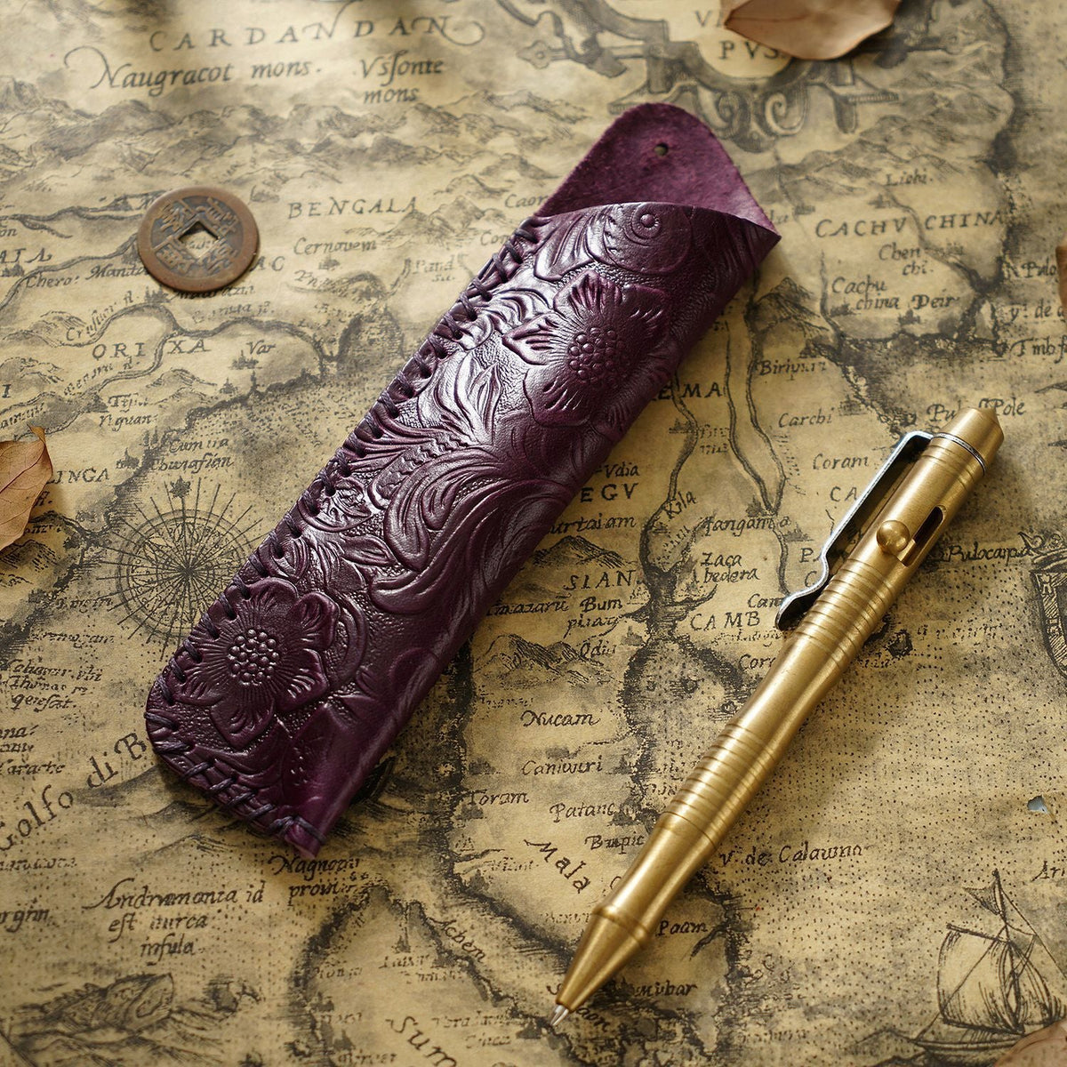 Pen Case Handmade Leather Floral Embossed Multi-Pen Storage