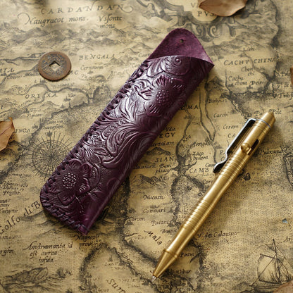 Pen Case Handmade Leather Floral Embossed Multi-Pen Storage