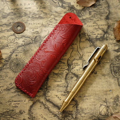 Pen Case Handmade Leather Floral Embossed Multi-Pen Storage