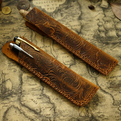 Pen Case Handmade Leather Floral Embossed Multi-Pen Storage