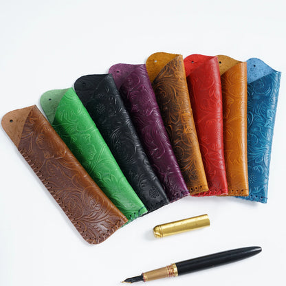 Pen Case Handmade Leather Floral Embossed Multi-Pen Storage