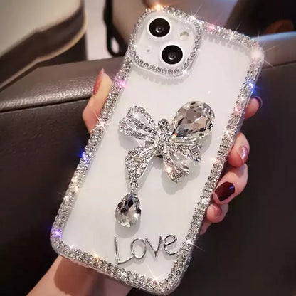 Phone Case Transparent Glitter Pearl Finish Diamond Bow Detail