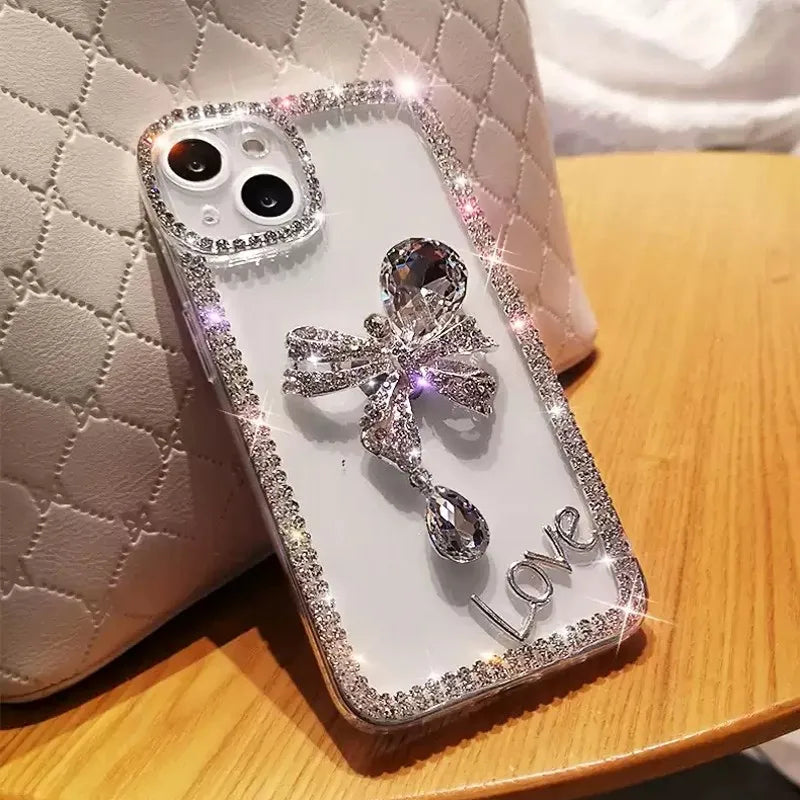 Phone Case Transparent Glitter Pearl Finish Diamond Bow Detail