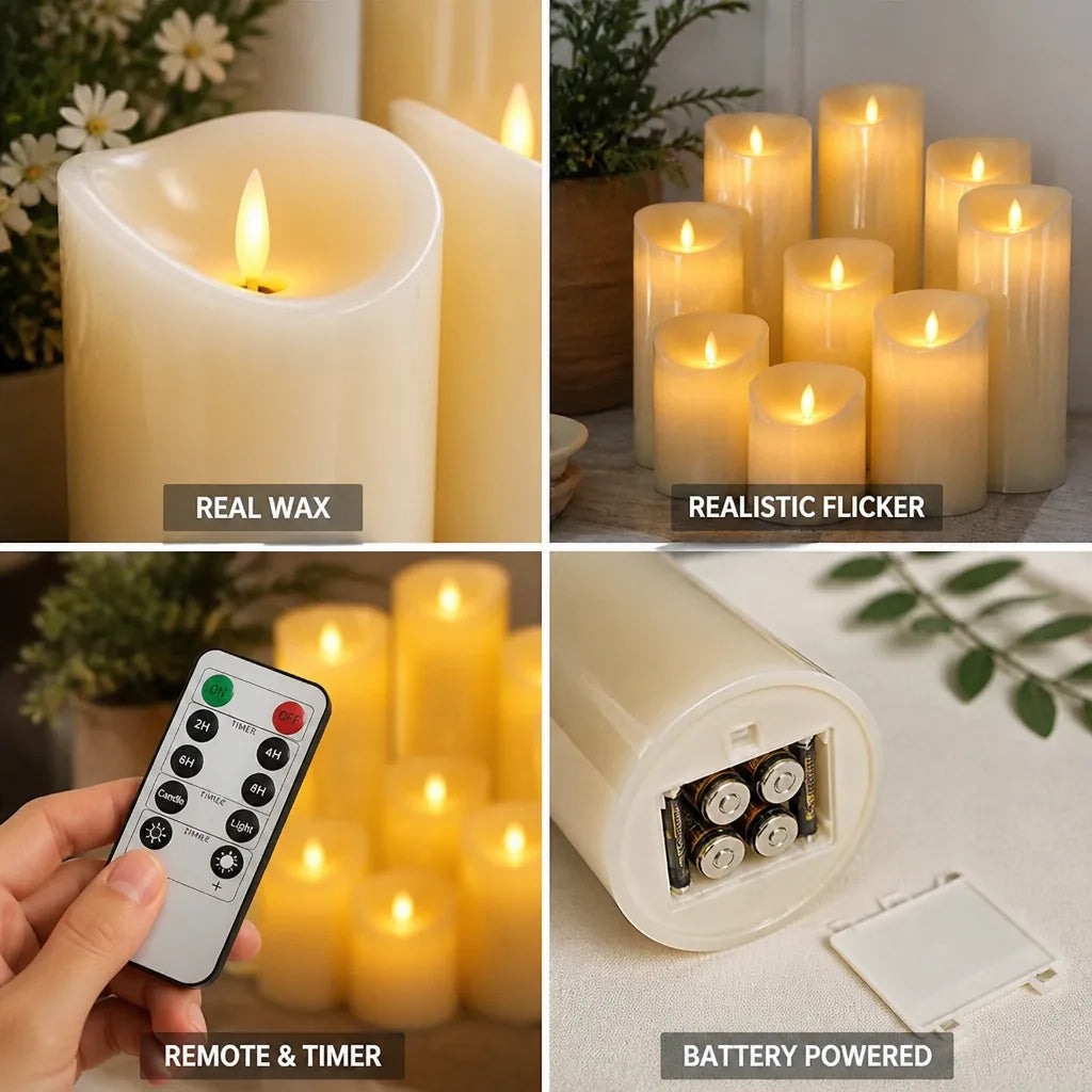 Pillar Candle Set Real Wax Flameless Remote & Timer