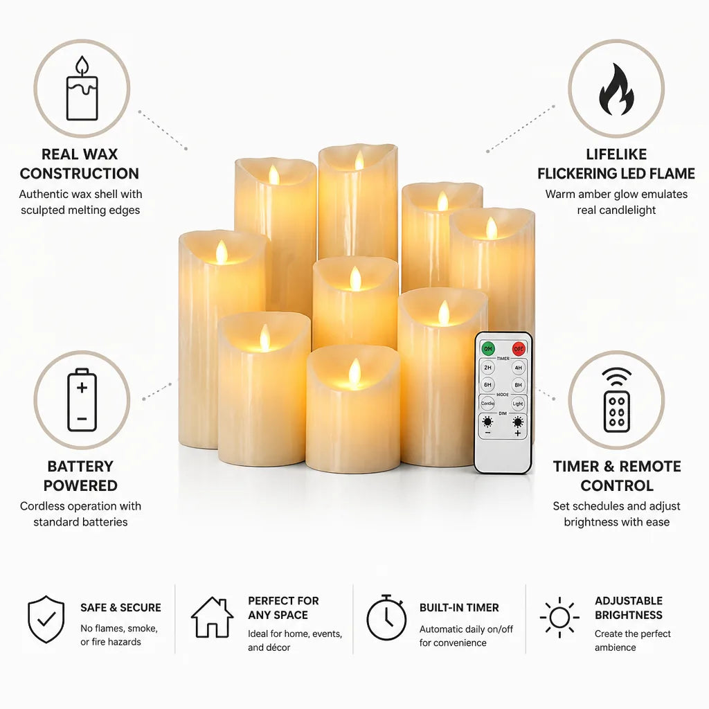 Pillar Candle Set Real Wax Flameless Remote & Timer