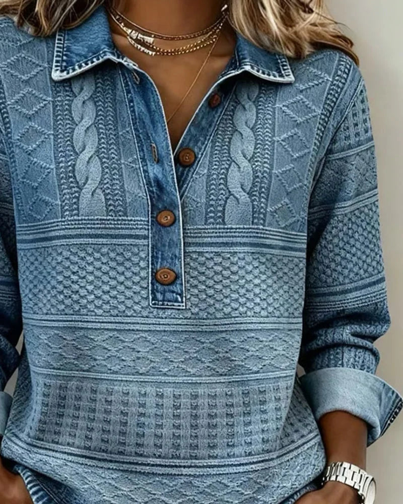 Pullover Cable Knit Shirt Collar Partial Button Relaxed Fit