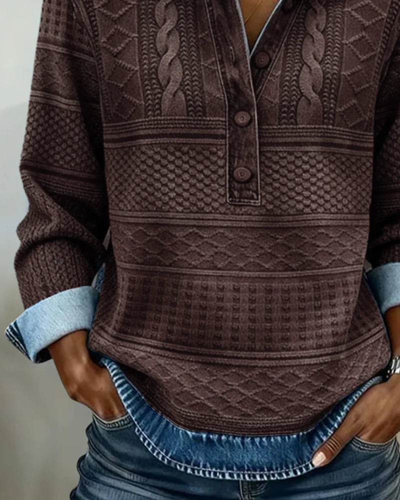 Pullover Cable Knit Shirt Collar Partial Button Relaxed Fit