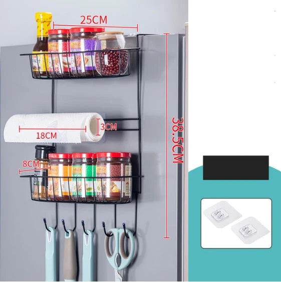 Refrigerator Side Organizer Rack Multi-Tier Nail-Free Installation Rust-Resistant Iron