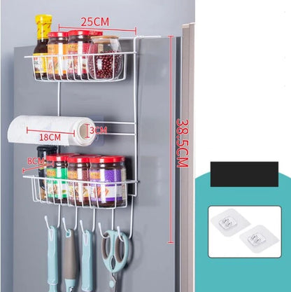 Refrigerator Side Organizer Rack Multi-Tier Nail-Free Installation Rust-Resistant Iron