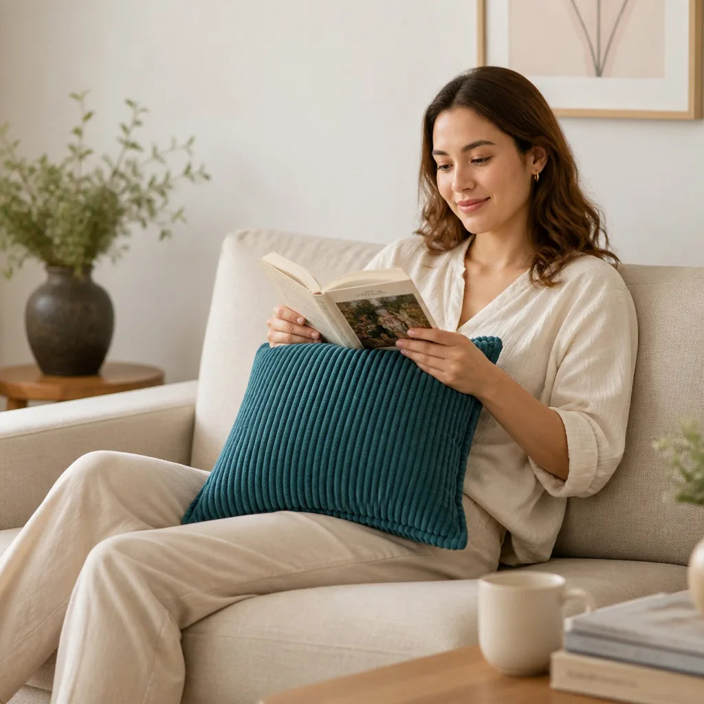 Round Throw Pillow Ribbed Texture Plush 30 cm
