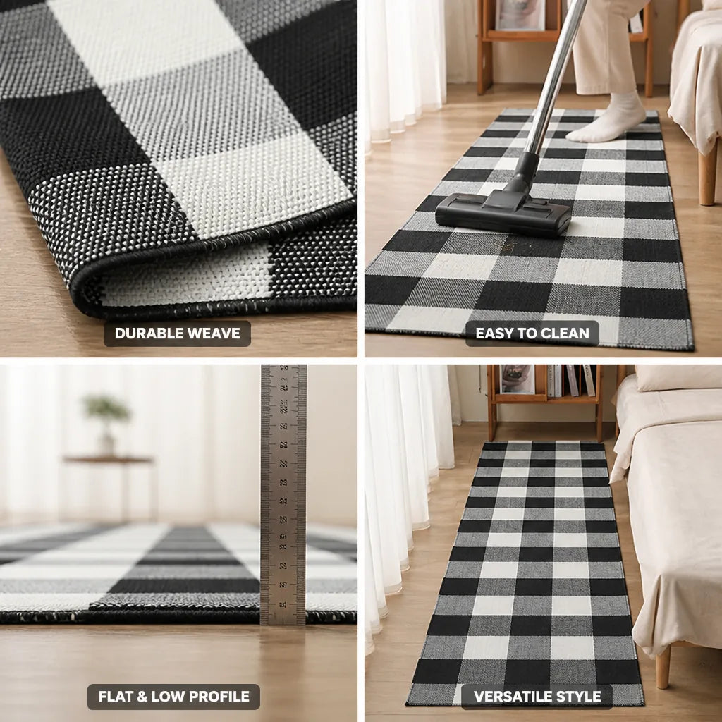 Runner Rug Checkered Flat Woven Cotton Blend