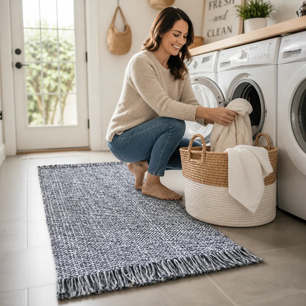 Runner Rug Cotton Geometric Fringed