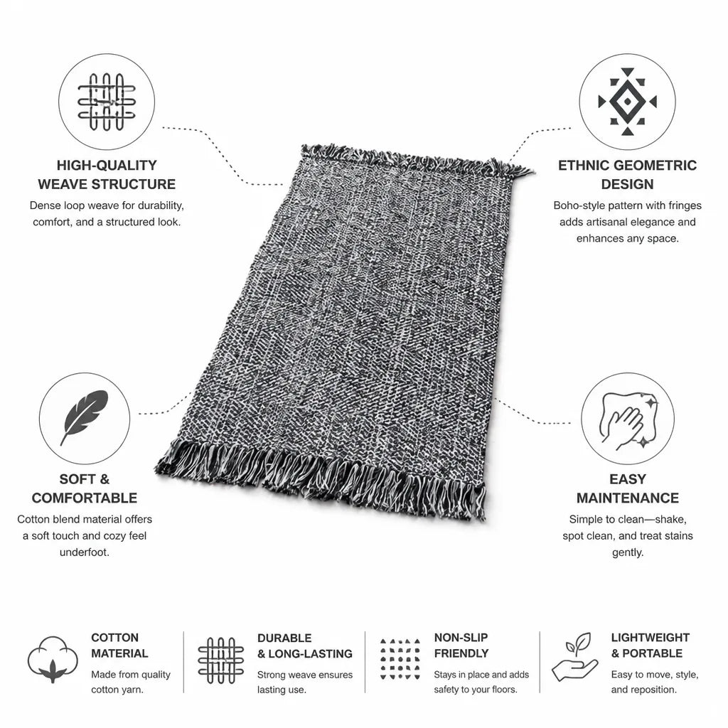 Runner Rug Cotton Geometric Fringed