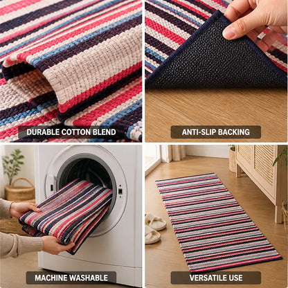 Runner Rug Striped Cotton Blend Anti-Slip