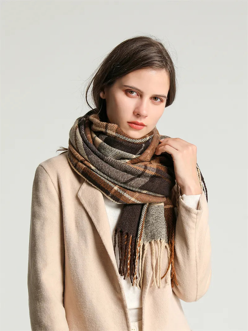Scarf Cashmere Lightweight Checkered & Fringed
