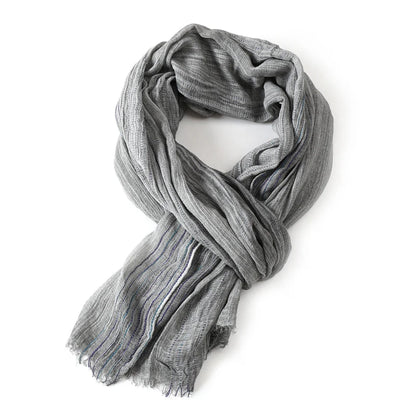 Scarf Cotton-Linen Striped Lightweight With Fringe
