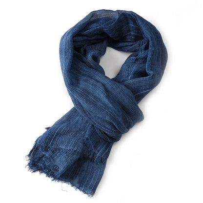 Scarf Cotton-Linen Striped Lightweight With Fringe